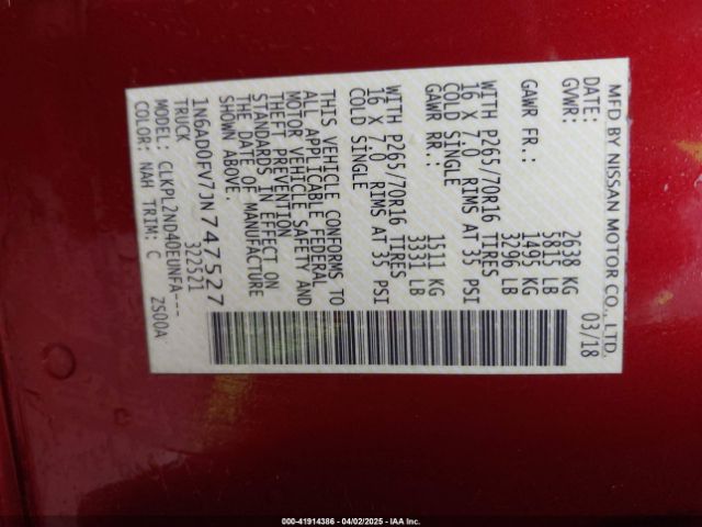 1N6AD0FV7JN747527 Nissan Frontier Sv