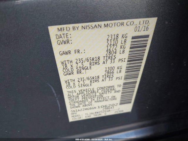 5N1AZ2MG6GN106202 Nissan MURANO SL