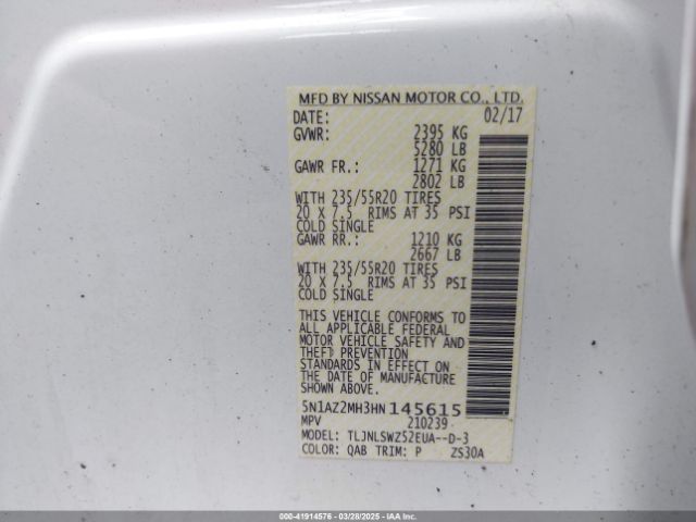 5N1AZ2MH3HN145615 Nissan Murano Platinum