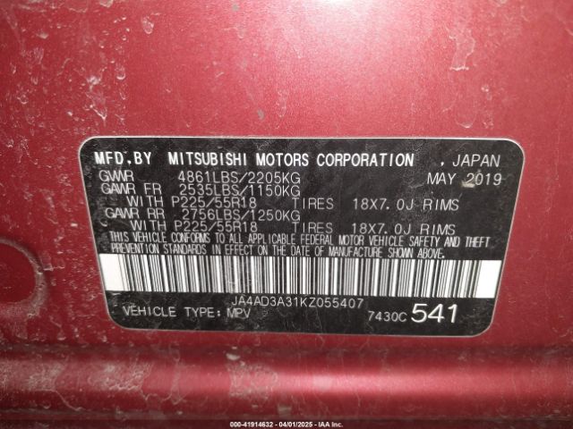 2019 MITSUBISHI OUTLANDER JA4AD3A31KZ055407 Photo 8