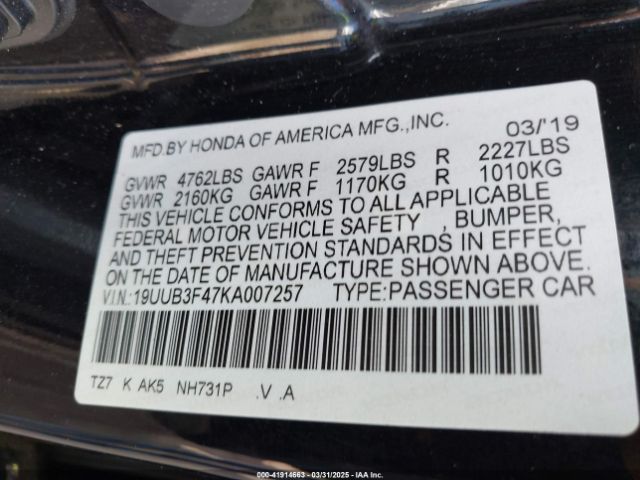 19UUB3F47KA007257 Acura Tlx Tech Pkg