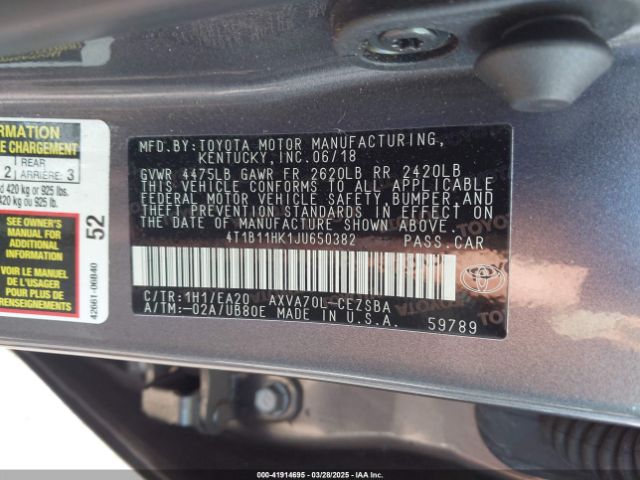 4T1B11HK1JU650382 Toyota CAMRY SE