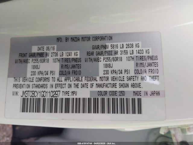 JM3TCBCY1G0110297 Mazda Cx-9 Touring
