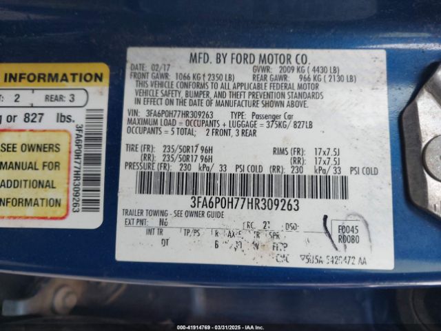 3FA6P0H77HR309263 Ford FUSION SE