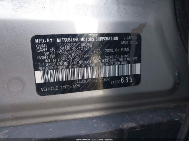 JA4J3UA85NZ072932 Mitsubishi Outlander Black Edition 2wd/se 2.5 2wd/se Launch Edition 2wd