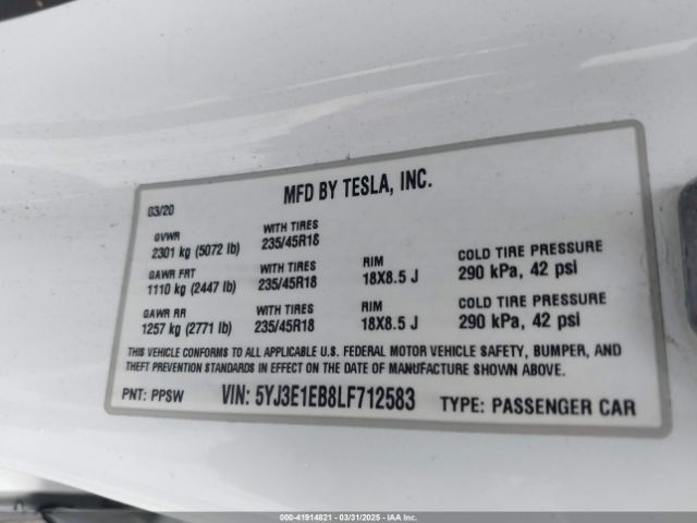 5YJ3E1EB8LF712583 Tesla Model 3 Long Range Dual Motor All-wheel Drive