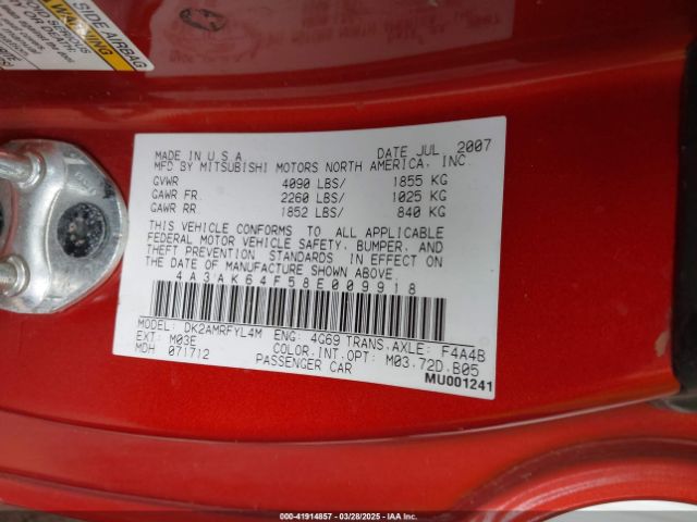 2008 MITSUBISHI ECLIPSE 4A3AK64F58E009918 Photo 8