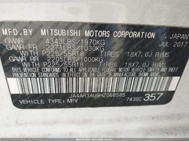JA4AR3AU9HZ068585 Mitsubishi Outlander Sport 2.0 Le