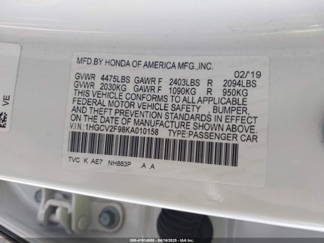 1HGCV2F98KA010158 Honda Accord Touring 2.0t