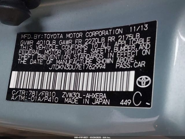 JTDKN3DU7E1762994 Toyota Prius Three