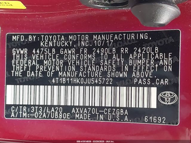 4T1B11HK0JU545722 Toyota CAMRY XLE