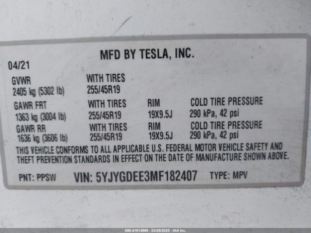5YJYGDEE3MF182407 Tesla Model Y Long Range Dual Motor All-wheel Drive