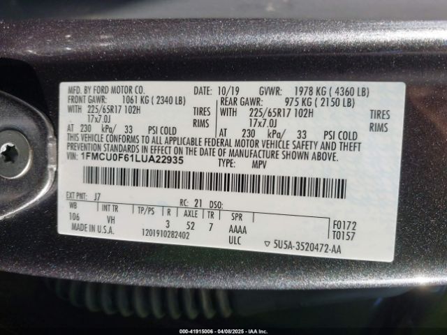 1FMCU0F61LUA22935 Ford ESCAPE S