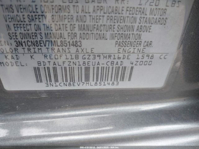 3N1CN8EV7ML851483 Nissan Versa Sv Xtronic Cvt