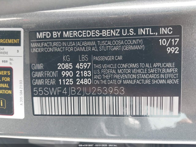 55SWF4JB2JU253953 Mercedes-Benz C 300