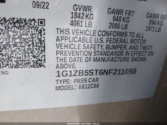 1G1ZB5ST6NF211058 Chevrolet Malibu Fwd Ls