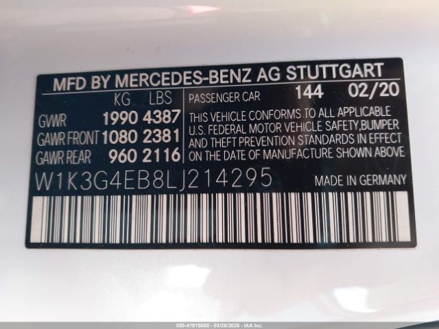 W1K3G4EB8LJ214295 Mercedes-Benz A 220