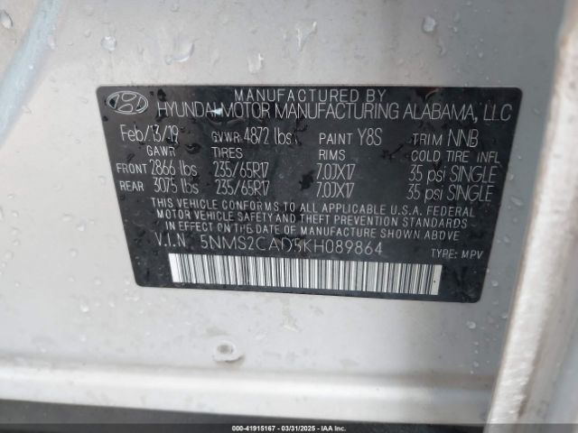 2019 HYUNDAI SANTA FE 5NMS2CAD5KH089864 Photo 8