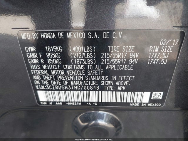 3CZRU5H37HG700848 Honda HR-V LX