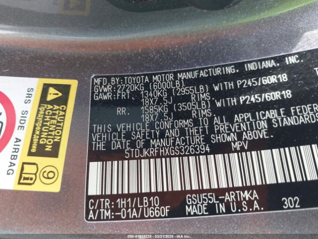 5TDJKRFHXGS326394 Toyota Highlander Xle V6