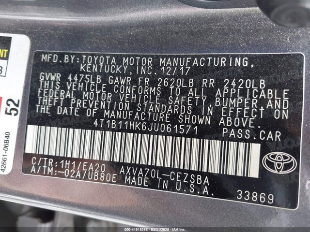 4T1B11HK6JU061571 Toyota CAMRY SE
