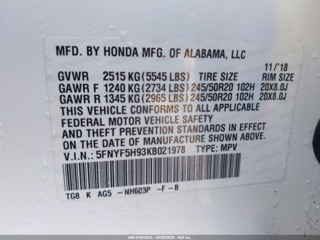 5FNYF5H93KB021978 Honda Pilot Touring