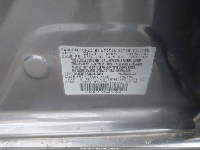 3N1CN7AP3KL876363 Nissan Versa 1.6 Sv