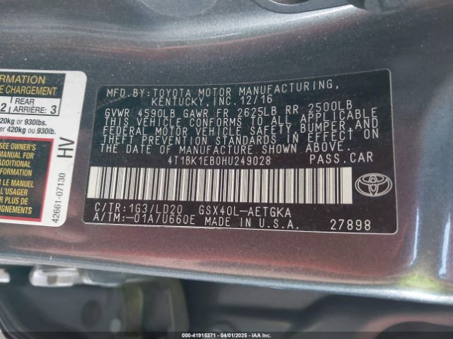 4T1BK1EB0HU249028 Toyota AVALON XLE