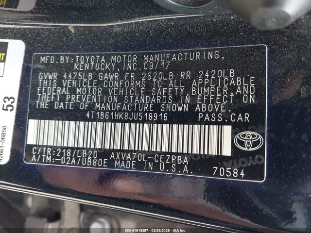 4T1B61HK8JU518916 Toyota CAMRY XSE