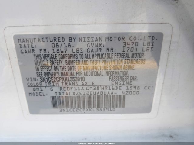 3N1CE2CPXKL353910 Nissan Versa Note Sv