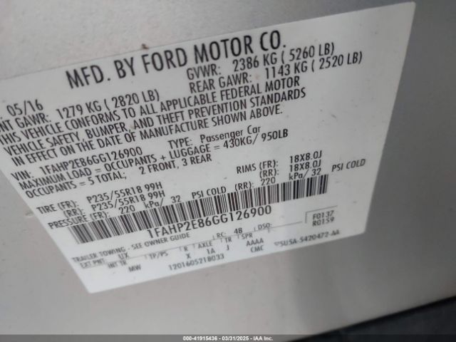 1FAHP2E86GG126900 Ford TAURUS SEL