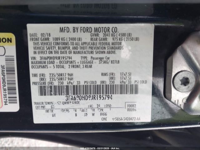 3FA6P0HD9JR195794 Ford FUSION SE