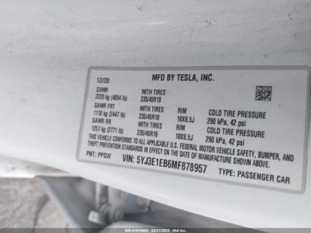5YJ3E1EB6MF878957 Tesla Model 3 Long Range Dual Motor All-wheel Drive