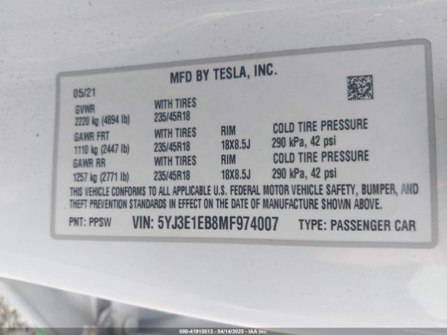 5YJ3E1EB8MF974007 Tesla Model 3 Long Range Dual Motor All-wheel Drive