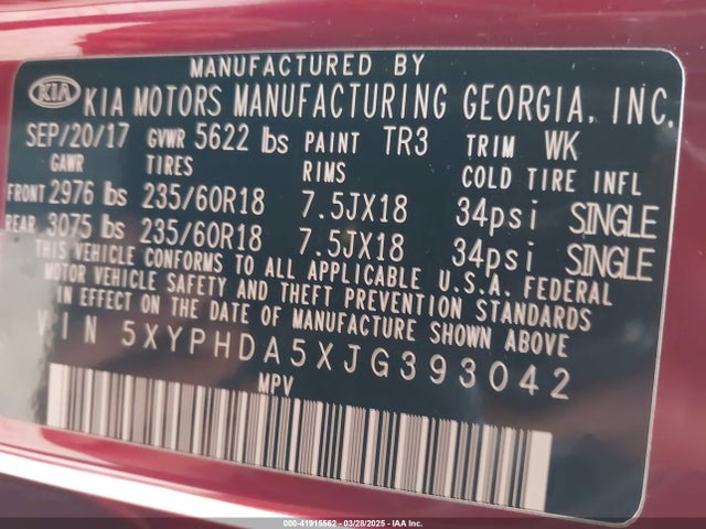 5XYPHDA5XJG393042 KIA Sorento 3.3l Ex