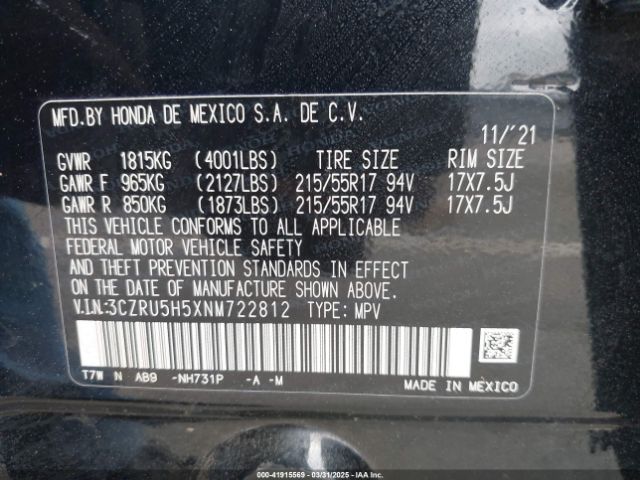 3CZRU5H5XNM722812 Honda Hr-v 2wd Ex