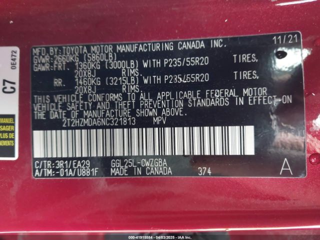 2T2HZMDA6NC321813 Lexus RX 350