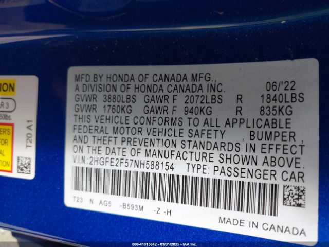 2022 HONDA CIVIC 2HGFE2F57NH588154 Photo 8