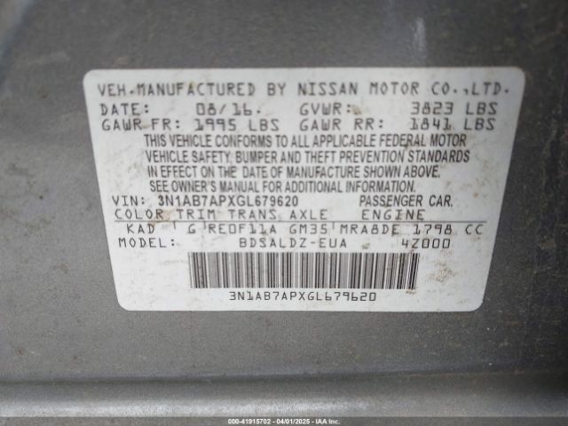 3N1AB7APXGL679620 Nissan SENTRA SV