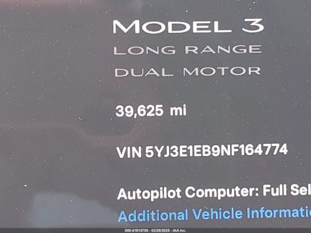 5YJ3E1EB9NF164774 Tesla Model 3 Long Range Dual Motor All-wheel Drive