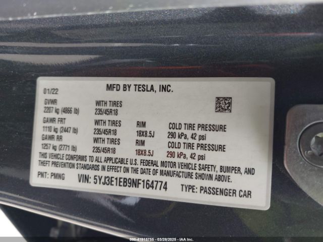 5YJ3E1EB9NF164774 Tesla Model 3 Long Range Dual Motor All-wheel Drive