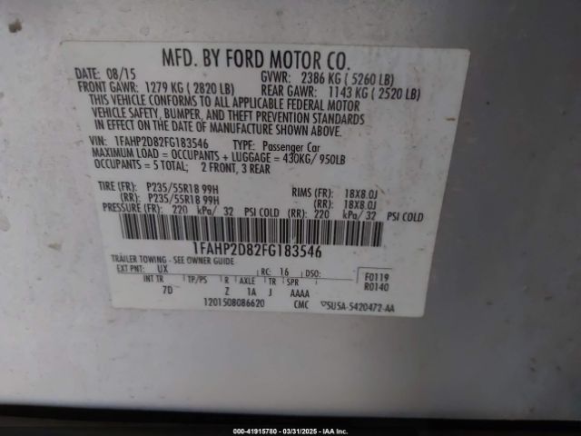 1FAHP2D82FG183546 Ford TAURUS SE