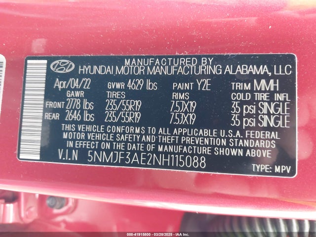 5NMJF3AE2NH115088 Hyundai TUCSON SEL