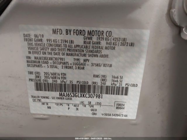MAJ6S3GLXKC307981 Ford Ecosport Se