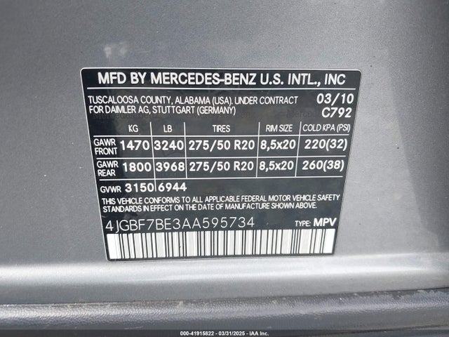 2010 Mercedes-benz Gl 450 4matic მანქანა იყიდება აუქციონზე, vin: 4JGBF7BE3AA595734, აუქციონის ნომერი: 41915822