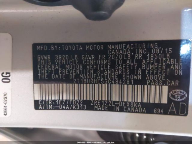 2T1BURHE5GC484281 Toyota Corolla S