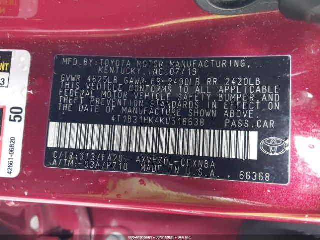 4T1B31HK4KU516638 Toyota Camry Hybrid Le