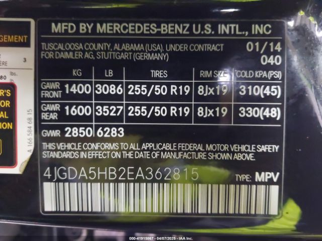 4JGDA5HB2EA362815 Mercedes-Benz Ml 350 4matic