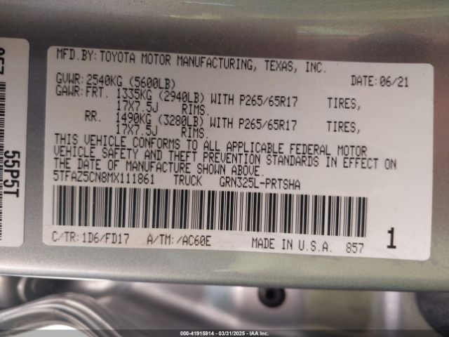5TFAZ5CN8MX111861 Toyota Tacoma Trd Sport
