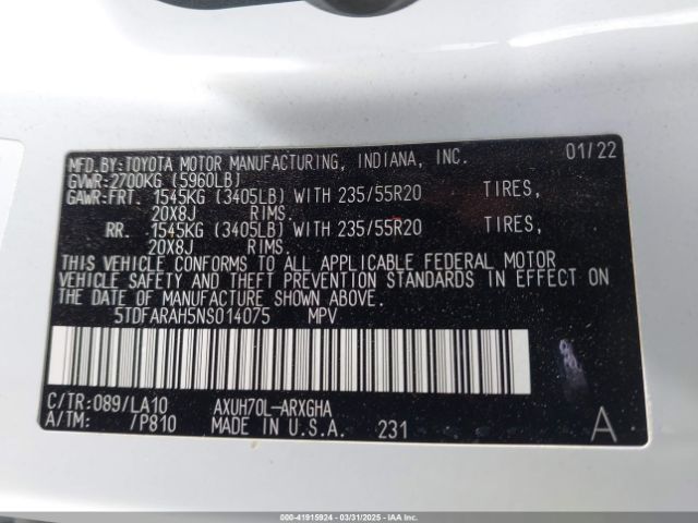 5TDFARAH5NS014075 Toyota Highlander Hybrid Platinum